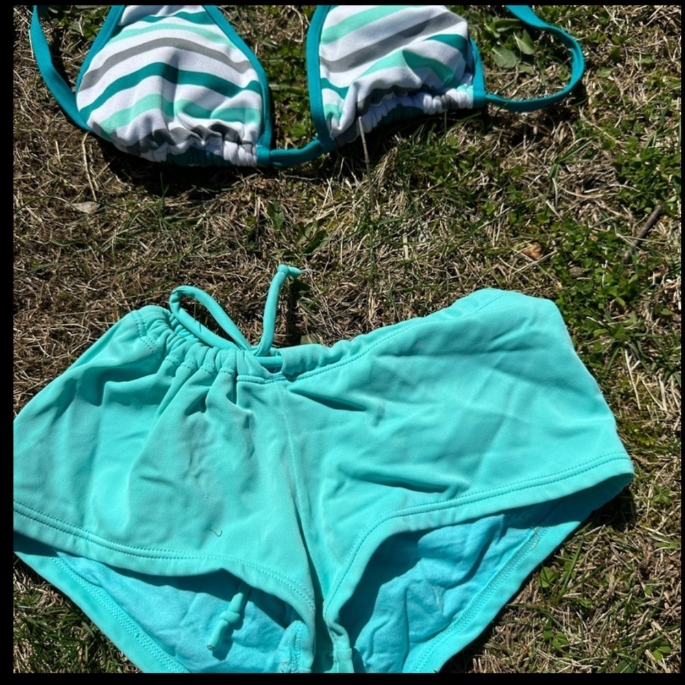 Turquoise and White Striped Bikini Set